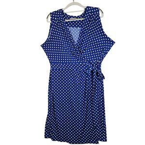 Travelsmith Dress Womens 14 Blue White Polka Dot Sleeveless Faux Wrap Retro Tie